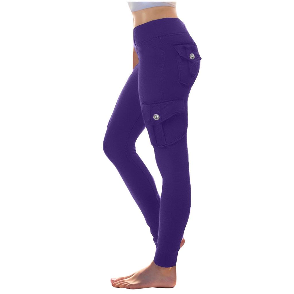 Damen Stretch-Bund Knopf Mehrere Taschen Kordelzug Yoga-Hose Leggings Sport Dünn Geschnittene Hose