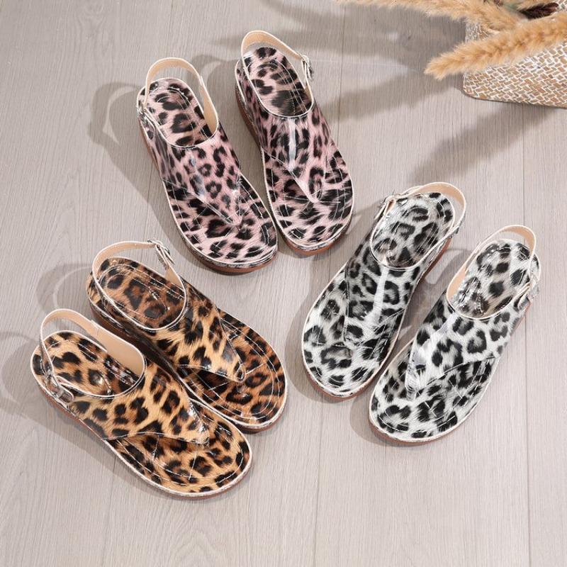 Large Size Wedge Heel Sandals Women's Summer New Style Leopard Print Herringbone Sandals Women