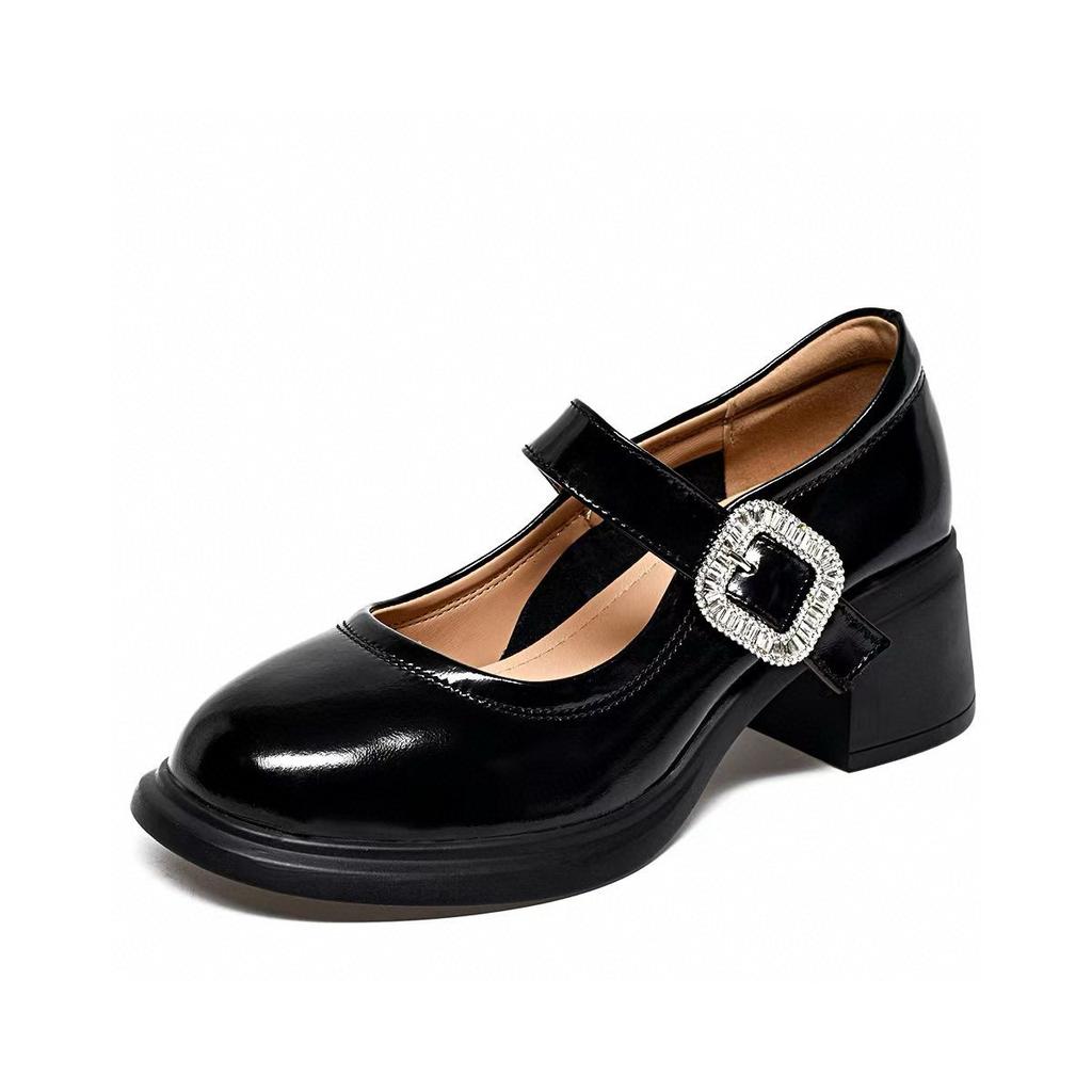 Round Head Mary Jane Shoes Velcro Buckle Women's Shoes Cow Patent Leather Square Buckle College Style Black Thick Heel Small Leather Shoes