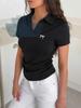Bowknot Embroidered  Collar Short-sleeved T-shirt For Women, Lapel Slim Fit  Cotton Top