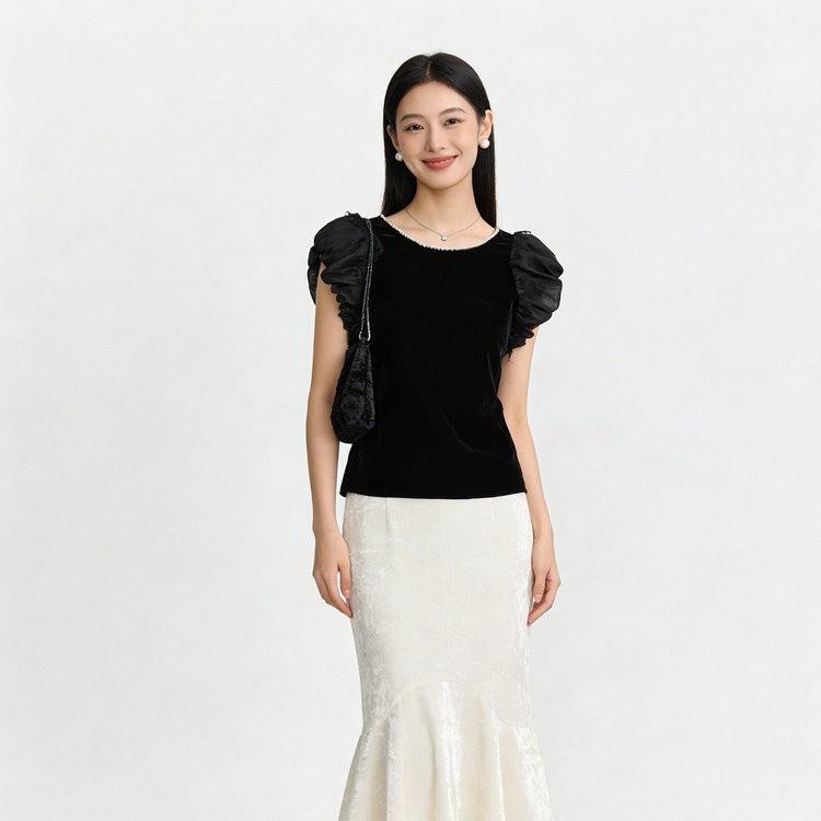 

Velvet Organza Beaded Flutter-Sleeve Women s Top, Summer 2026 Trendy Style 3XL (125-140 jin)