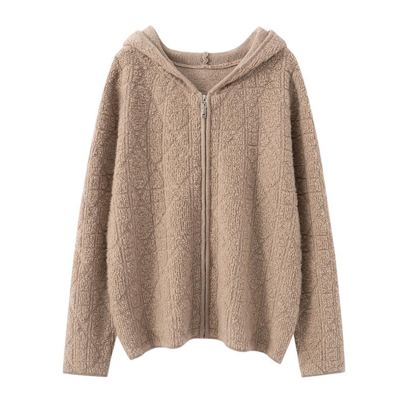 Women's Retro Cashmere Hooded Knit Sweater - Autumn/Winter Loose Zip Cardigan