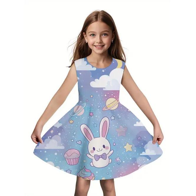 

Летнее новое платье для девочек, повседневное, модный тренд, милое платье с 3D-принтом без рукавов с круглым вырезом 150cm