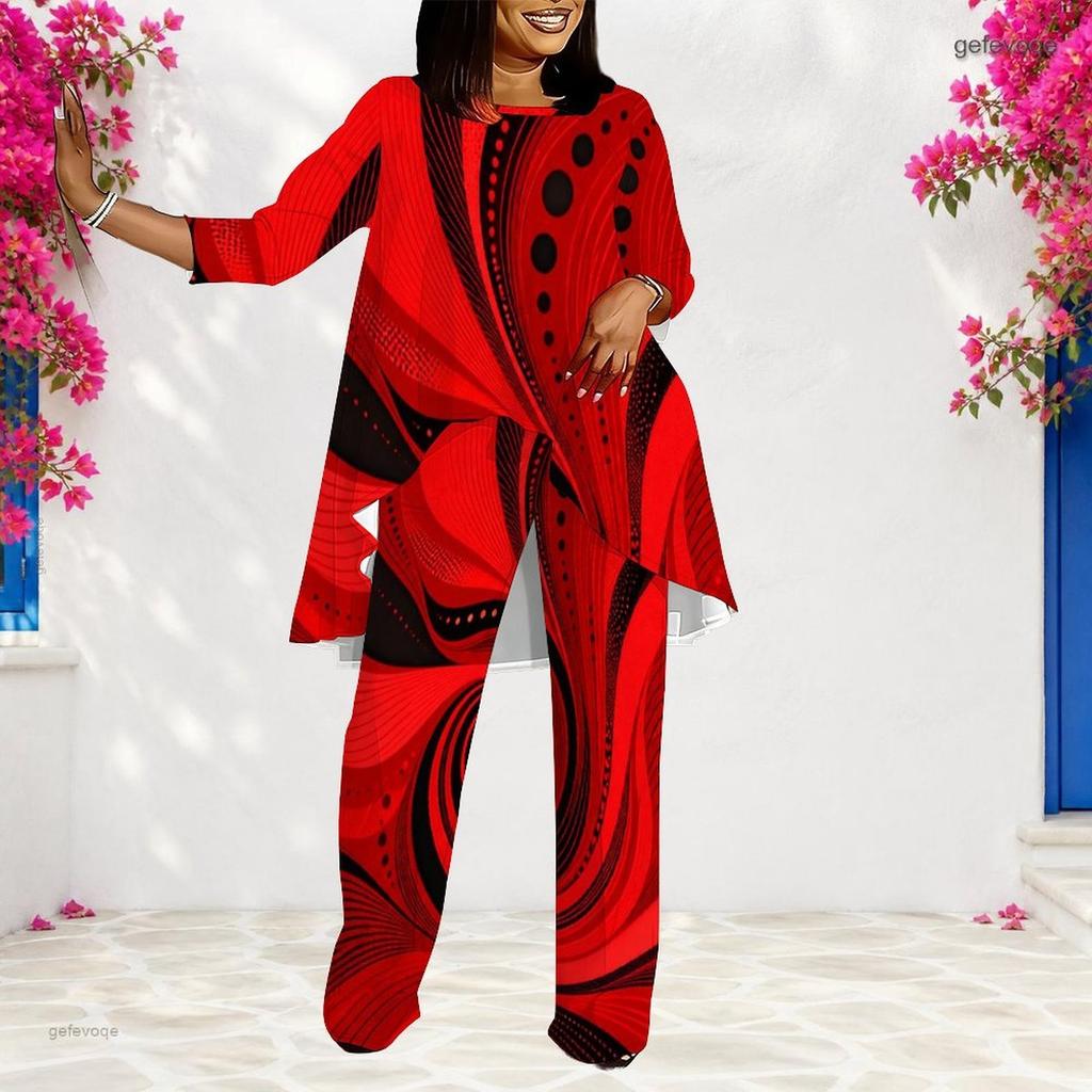 Women Plus Size Round Neck Long Sleeve Printed Layered Top Long Pants Two Piece Set