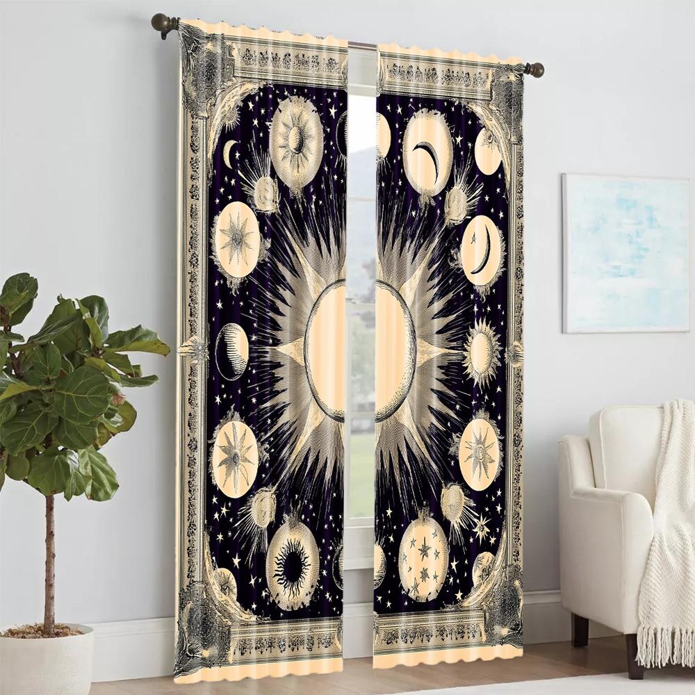 2Pcs Bohemian Moon Sun Window Curtain Vintage Star Design Polyester Material Rod Pocket Drapes For Bedroom Living Room
