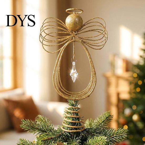Holiday Seasonal Home Decor Angel Christmas Tree Topper, Gold Glitter Metal Wire Crown Decorative Accents Ornament for And Indoor Decorations