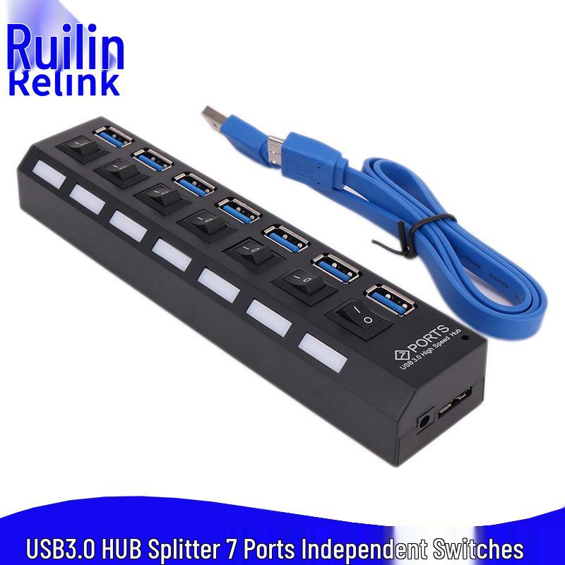 

USB 3.0 7-Port Splitter Hub: One-to-Seven Desktop Expansion Dock Converter Black, No Power Supply