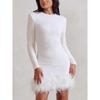 Women's European & American Sexy Formal Dress, Long Sleeve Solid Color Sequins Feather Evening Party Gown, Round Neck Cocktail Dress