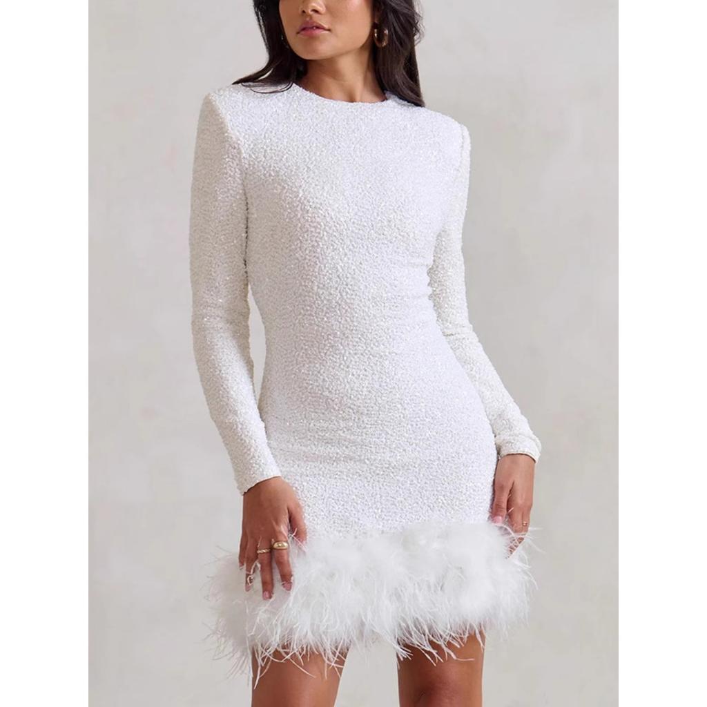 Women's European & American Sexy Formal Dress, Long Sleeve Solid Color Sequins Feather Evening Party Gown, Round Neck Cocktail Dress