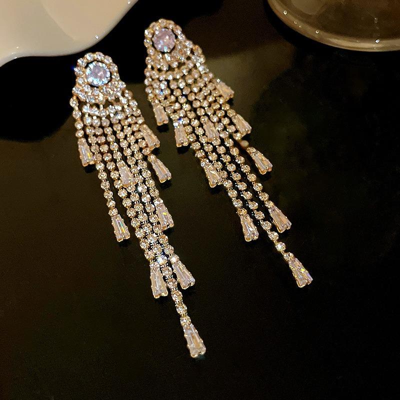 Silver Needle Fashion Diamond-encrusted Geometric Earrings, Long Fringed Earrings, Niche Personality, a Two-wear Earring Wholesale