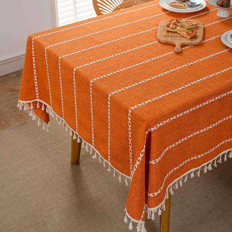 Hemstitched Borduurde Gestreepte Boho Tafelkleed, Zwaar Boeren Burlap Tafelkleed, Kreukbestendig Wasbaar Tafelkleed 120x160cm