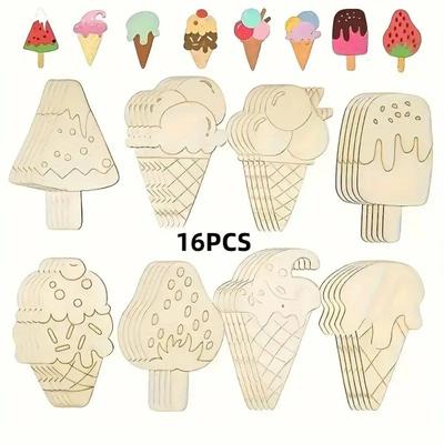 16 sztuk Niedokończone Letnie Lody Drewniane Wycięcia, 8 Stylów Plasterki Drewna Lodów Puste Drewniane Rękodzieło do Malowania Letnie Rękodzieło DIY Dekoracja Domu