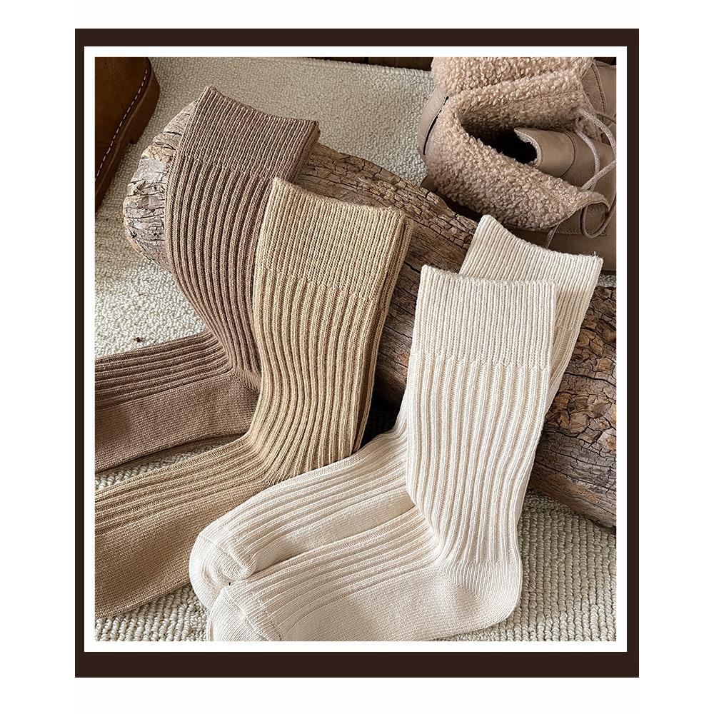 Thick Line Socks, Women's Medium Tube Socks, Autumn and Winter Coffee Color Stacked Long Tube Solid Color Long Wool Socks