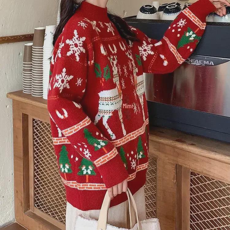Pulover de Crăciun pentru femei cu elan roșu - Pulover gros și larg pentru iarna 2022
