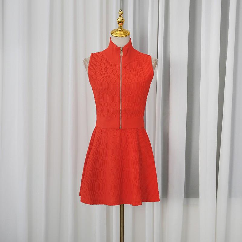 Bright Color Sexy Girl Style Knitted Two-piece Women's Sleeveless Vest High-waist Skirt