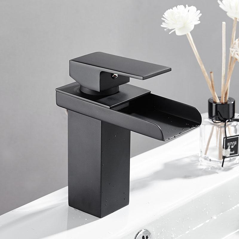 Square Waterfall Basin Sink Faucet Chrome/Black Brass Bathroom Basin Faucet Mixer Tap Hot and Cold Sink Faucet Toilet Faucet