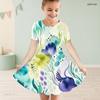 Girls Round Neck Short Sleeve Watercolor Printed A Line Flared Dress