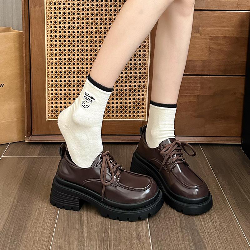 Retro British Style Black Small Leather Shoes Women's Autumn New Velvet Thick-soled Heightening Small Loafers