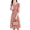 Silk dress women's  printing V-neck lace-up light luxury mulberry silk A-shaped skirt