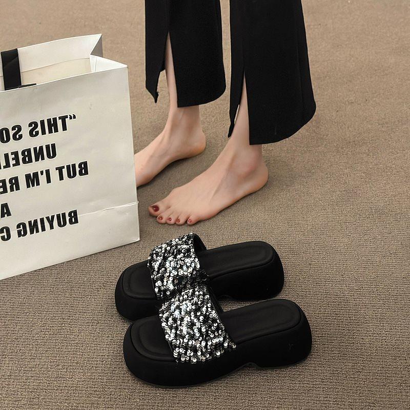 Sense Sequined Muffin Bottom Slippers Women's Summer Wear One Word Women's Platform Sandals Semi-cool Slippers New
