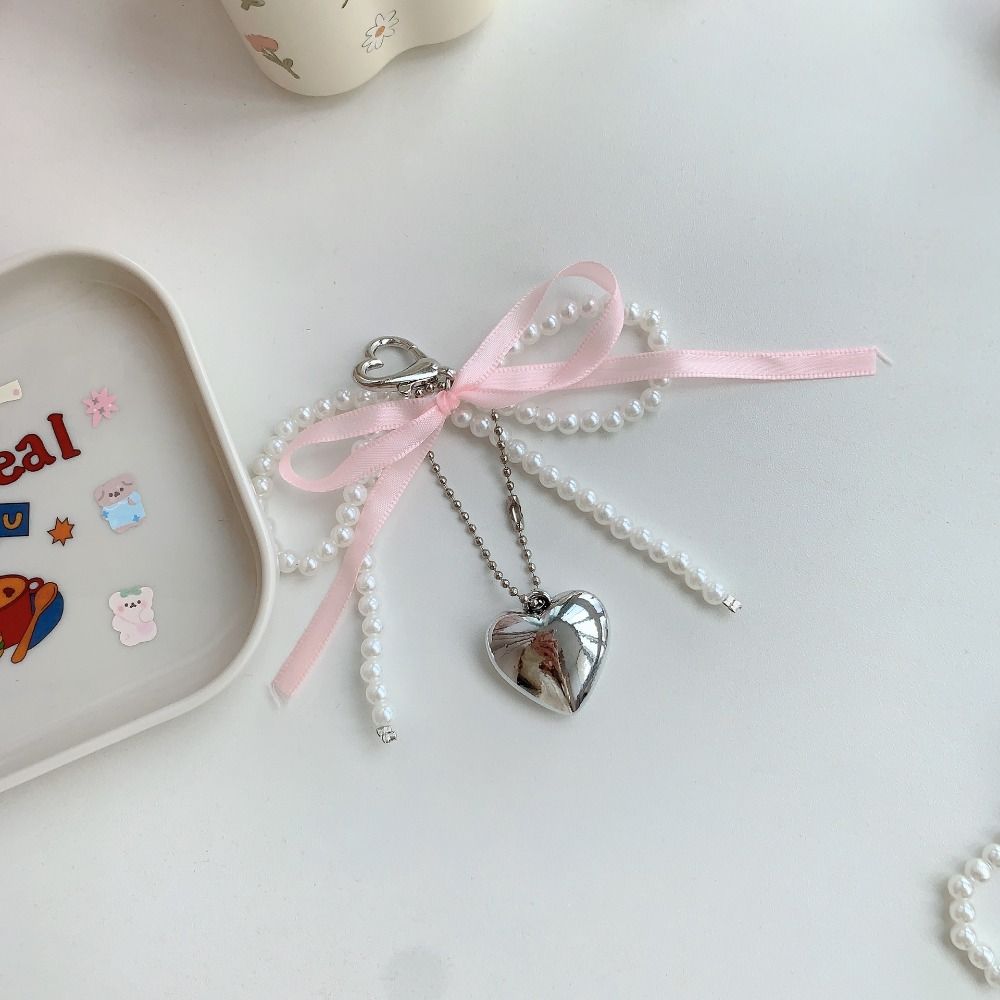 Heart Bow Phone Chain Imitation Pearl Heart Pendant Keyring Simple Bow Bag Pendant  Lady