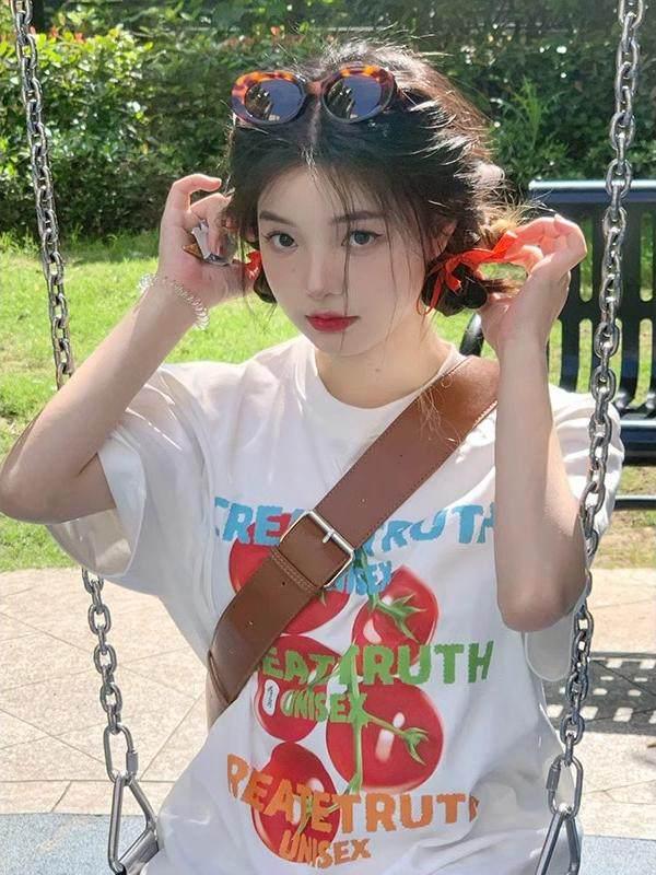 Unisex Retro Tomato Print Cotton T-Shirt, Plus Size, Loose Fit, Round Neck, Half Sleeve