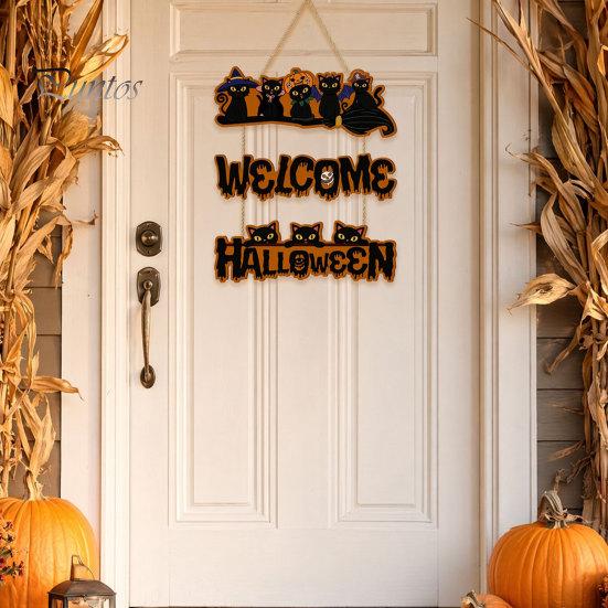 Elegant Natural Wood Sign Halloween Wooden Door Sign, Black Cats Broom Front Hanger, Rustic Nordic Style Hanging Welcome for Home Window Wall