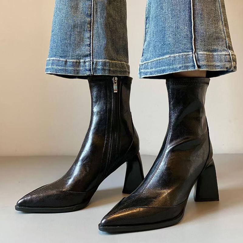 Brand Design Pointed Toe Black Ankle Boots for Women 2025 Autumn French High Heel Boots Woman Side Zipper PU Leather Botas Mujer