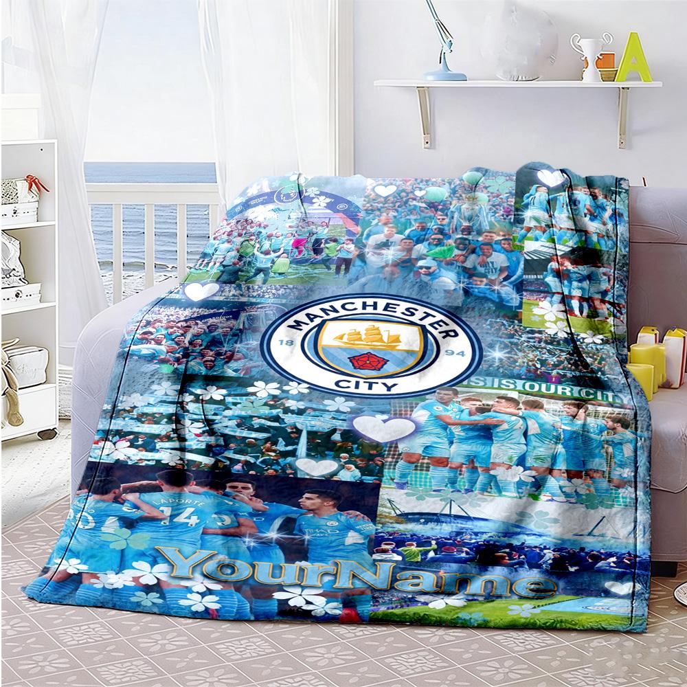 Manchester City Customize Text Blanket Gift Customizable Blanket Comfortable Suitable for Chair Bed Sofa Home Decor Ideal for All Seasons