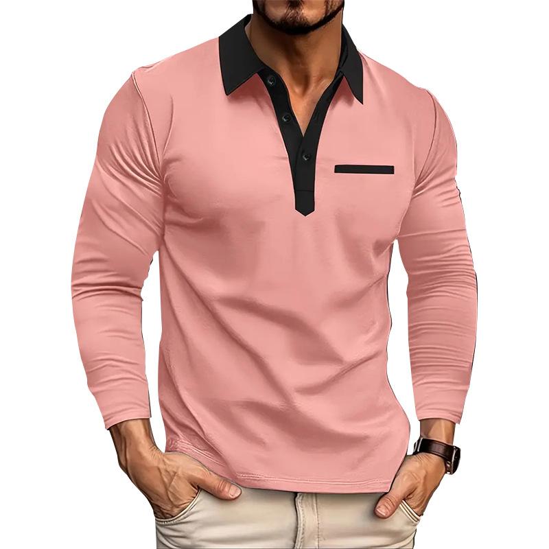 Spring Autumn Men's Polo Shirt Long Sleeve Turn Down Collar Fashion Patchwork Polos Men