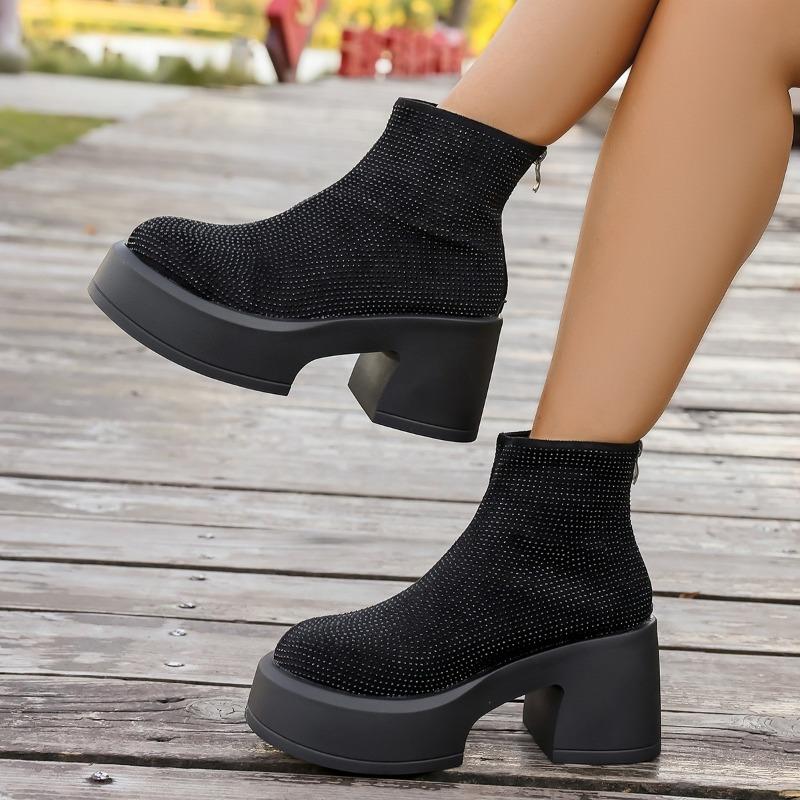 European Platform Women's 2026 Autumn New Rhinestone High Heels Fashion Small Height Booties