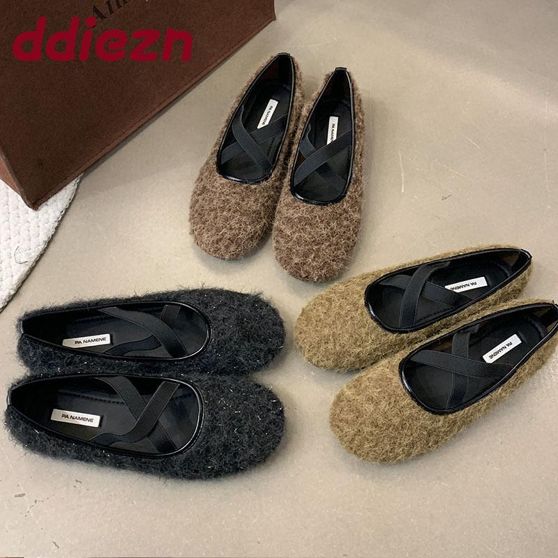 Fashion Round Toe Fashion Flock Women Flats With Shoes Shallow Female Slip On Footwear Elastic Band Ladies Ballet Flats Shoes