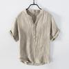 Chemise d'été décontractée pour homme, couleur unie, en coton et lin, à manches courtes, pull à col en V