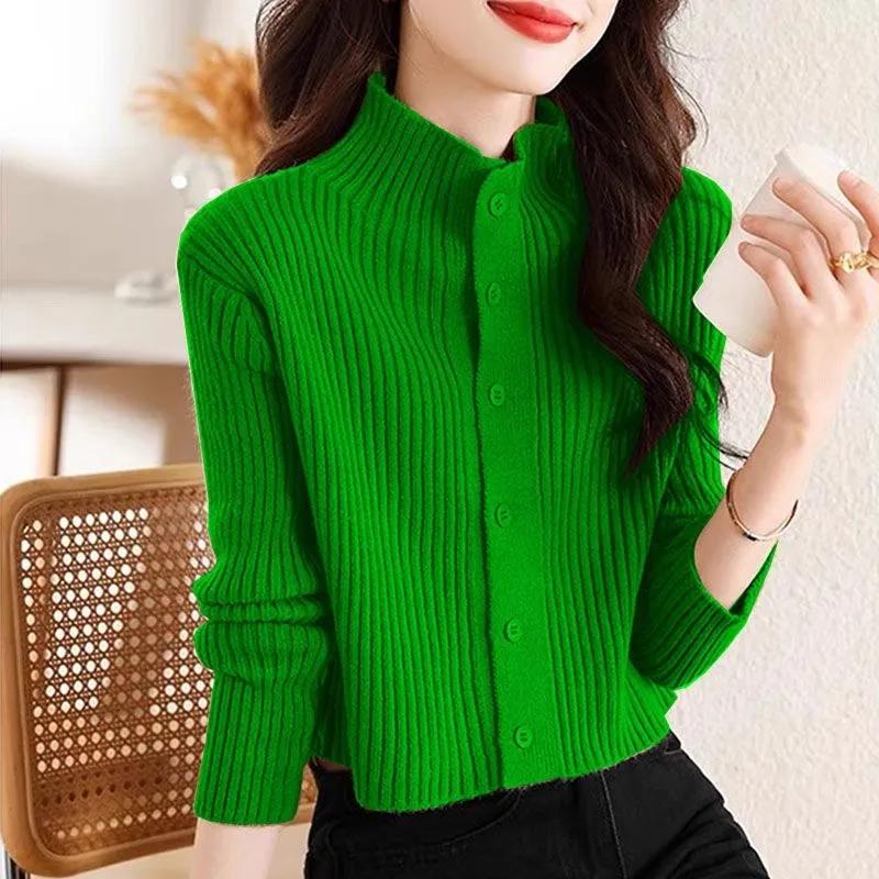 

Весна Осень Короткий Вязаный Кардиган Куртка Женская Стоячий Воротник Длинный Рукав Свитер Пальто Повседневный Кардиган Свитер Однотонный Женский Топ XS чёрный