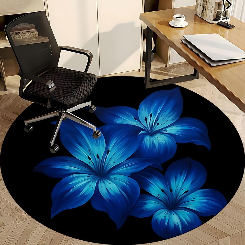1pc Blue Lily Flowers Chair Carpet for Office, Round Non-Slip Durable Large Size Office Carpet, Suitable for Office, Beautiful Decoration