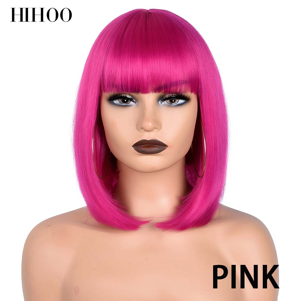 Professional  Short Straight Bob Wig for Women Synthetic Wigs Brown to Blonde Natural Fake Hair Heatresistant Wig Pink Wig With Bangs