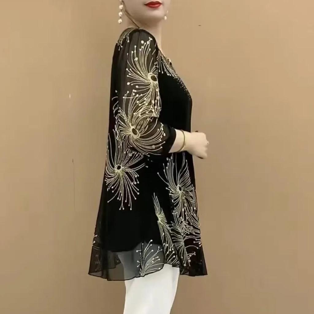 Women's Spring and Summer Medium-length Seven-minute Sleeve Round Neck T-shirt Middle-aged and Elderly Design Plus Size Temperament Tops