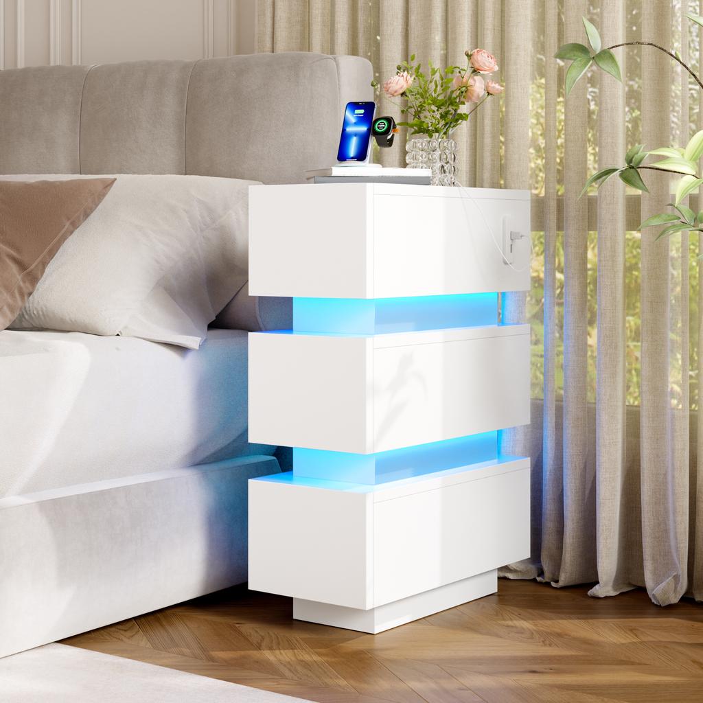 Narrow Nightstand with Outlet & LED Lighting – 3 Drawers, Set of 2, Plenty of Storage Space for Bedroom & Living Room, White, 20x40x59.5 cm