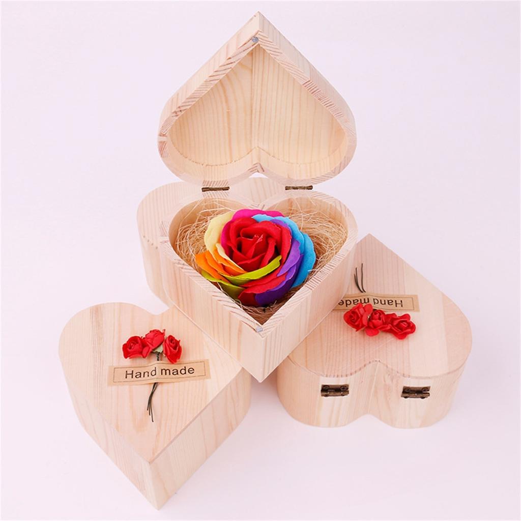 Heart Shaped Wooden Box Soap Flower Simulation Colorful Rose Small Wooden Box