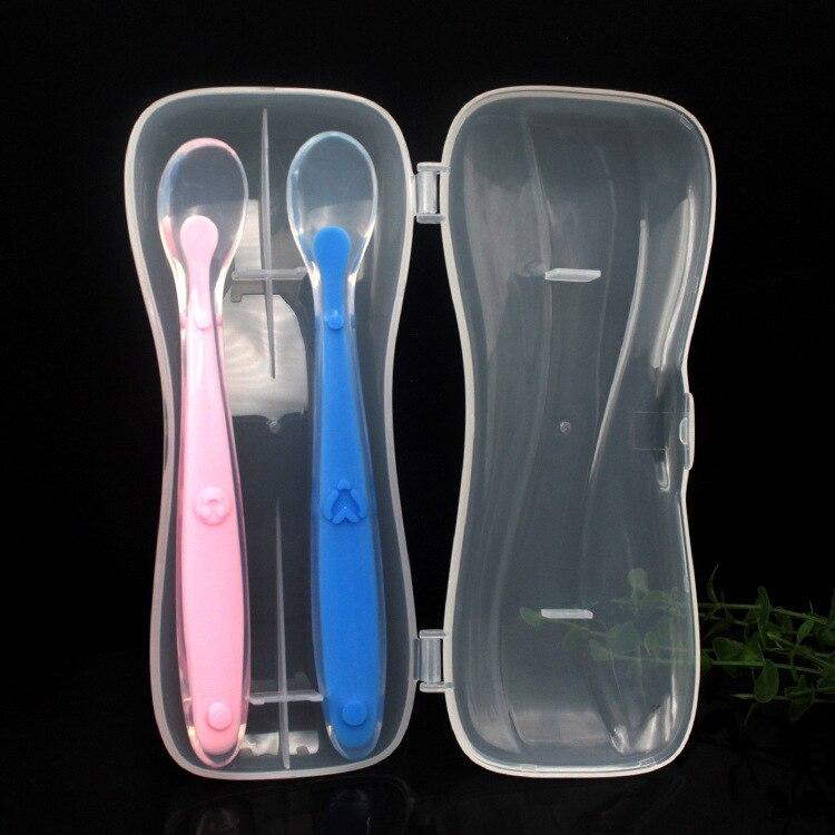

2pcs Baby Silicone Spoon Set Kids Soft Pp Plastic Pink Blue Safe Spoon With Box