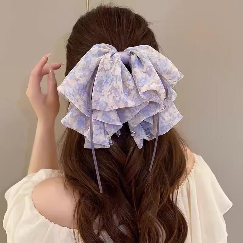 Handmade Chiffon Floral Bow Ponytail Clip for Voluminous Hair