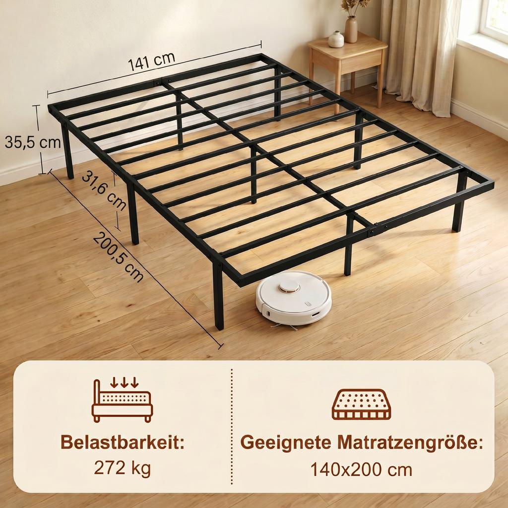 Struttura Letto, 140 x 200 cm Letto in Metallo con Spazio Sotto il Letto, Struttura in Metallo con Base a Doghe, Non Richiede Rete a Molle