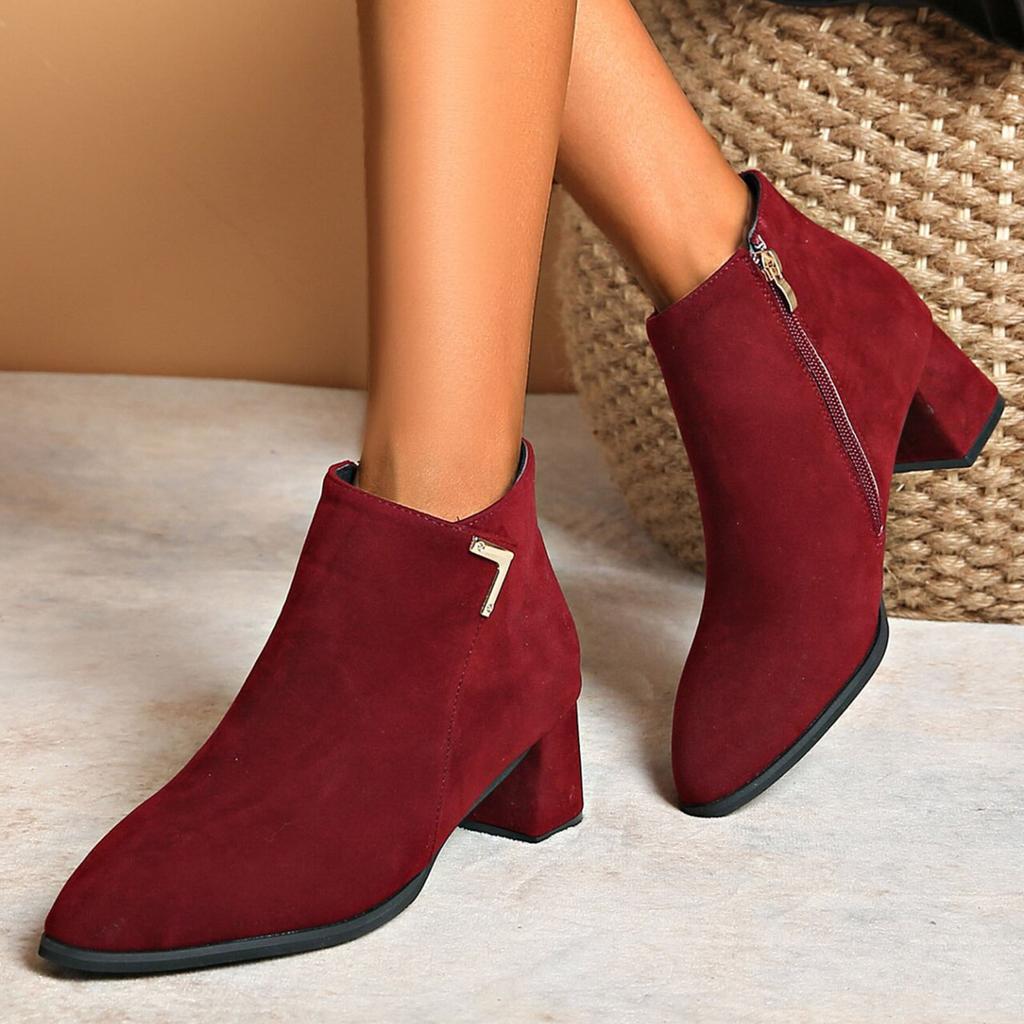 Women's Chunky Heel Ankle Boots Fashionable And Casual Pointed Leather Upper Side Zipper Ankle Boots Boots Women with Laces