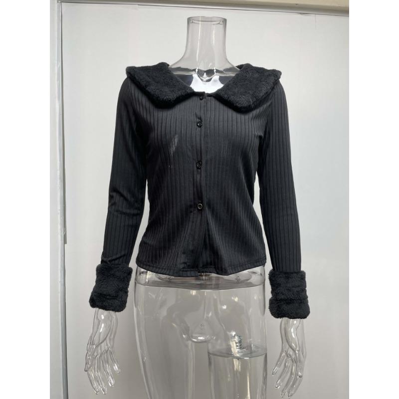 Top Invernali da Donna a Maniche Lunghe Sexy con Collo in Pelliccia Giacca a Maglia Top