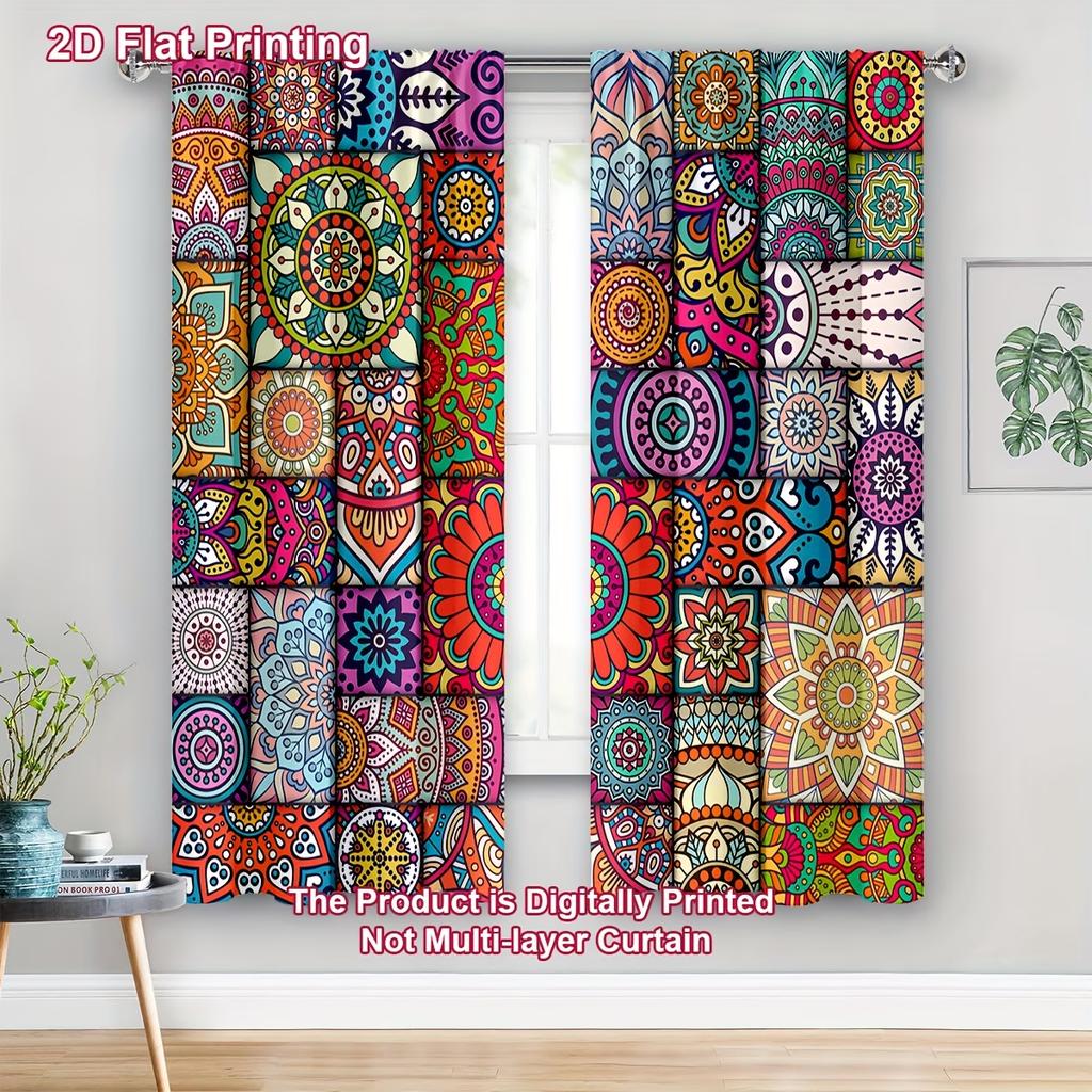 2PC Bohemian Mandala Patchwork Curtains - Vibrant Hippie Print Window Drapes for Living Room Bedroom Decor