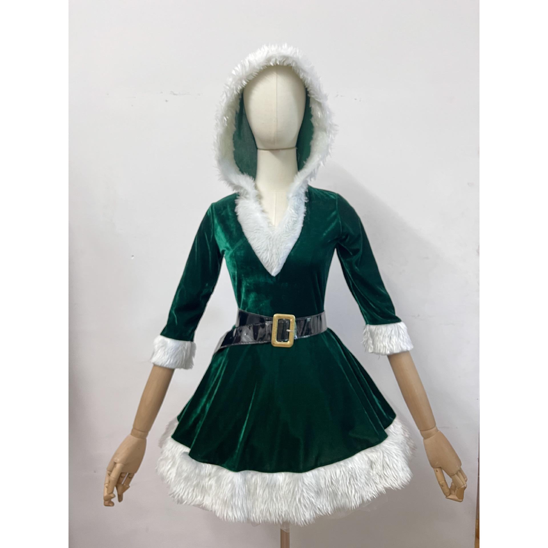 Рождественский костюм Санты для женщин, карнавальный набор, с капюшоном и V-образным вырезом (Красный зеленый), Сексуальное праздничное платье для острой девушки с поясом M зелёный