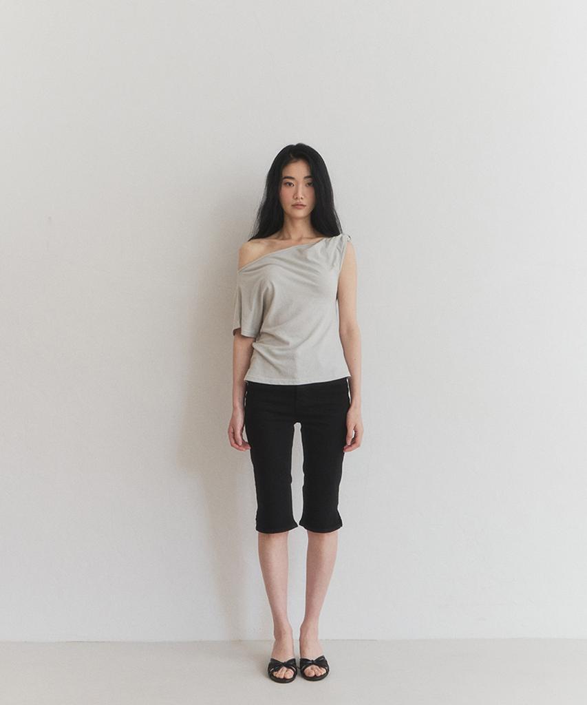 Seuteulaipeumagalin Drape Shirring One-Shoulder Slim Short Sleeve Light Gray