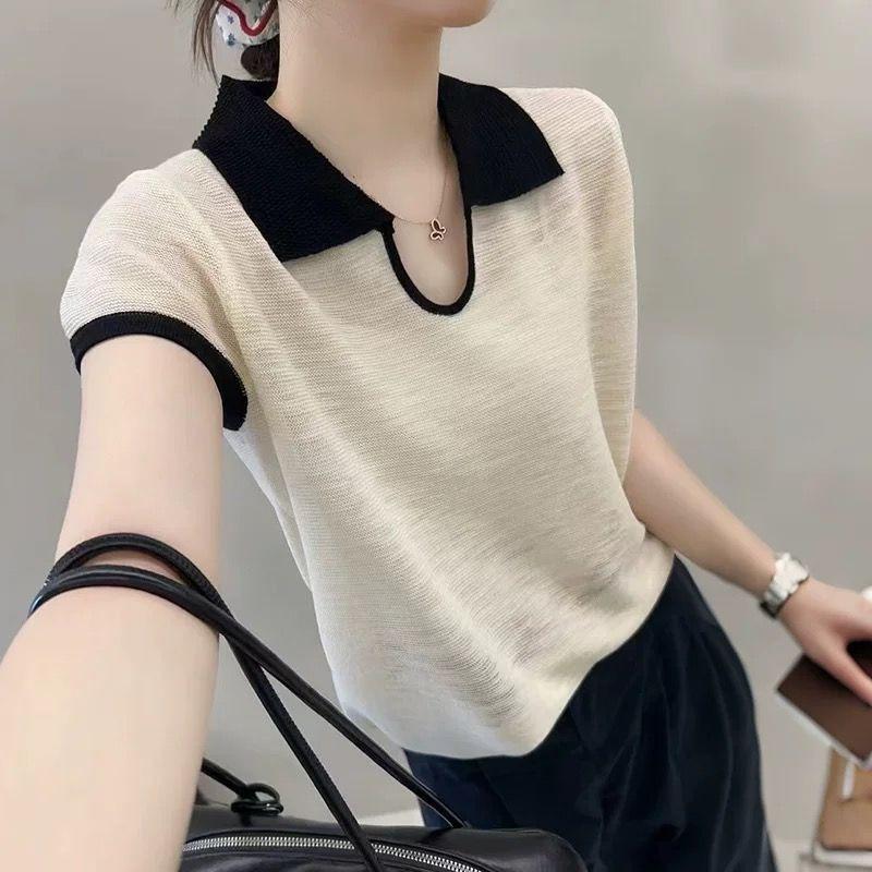 women color block polo knit top collared notched v-neck short sleeve casual lightweight sweater S