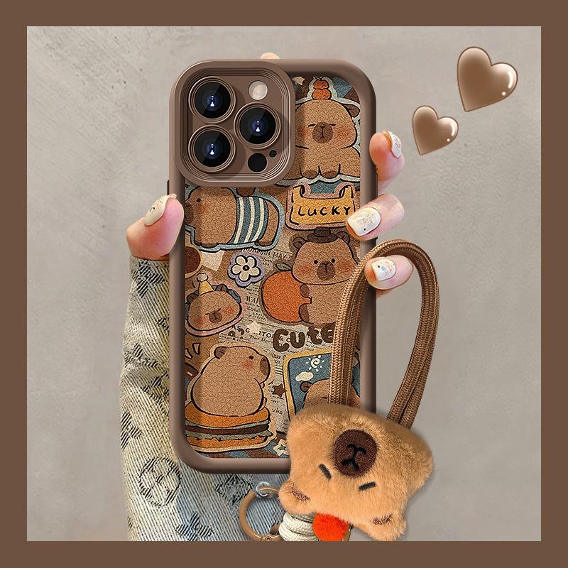 Cute Kapibara lanyard is suitable for Apple 16PRO mobile phone case 15 all-inclusive soft silicone 14 lambskin 13/17.