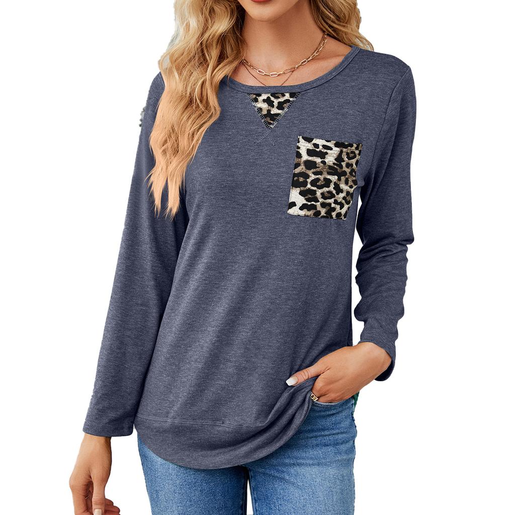 Vår og høst Dame Ny Mote Leopard Søm Langermet T-skjorte Damer Casual Topper